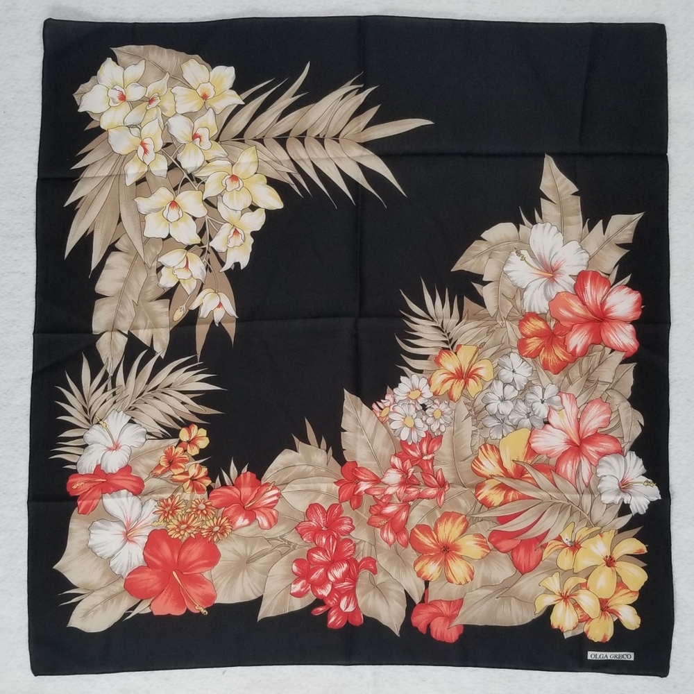 Vintage Olga Greco Tropical Floral Print Black Scarf